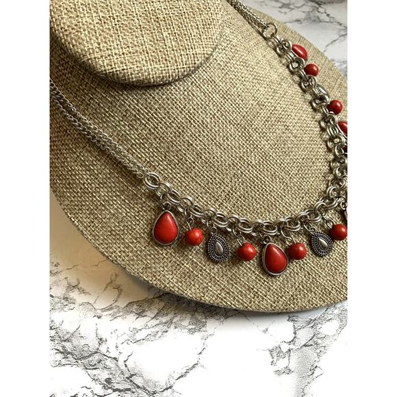 Faux Red Turquoise Necklace Charm Dangles Aged Silver Tone with Lobster Clasp- - Picture 2 of 6